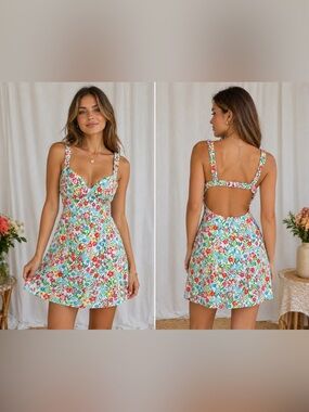 Sky to Moon White Floral Cutout Mini Sundress Sweetheart Neckline Open Back L